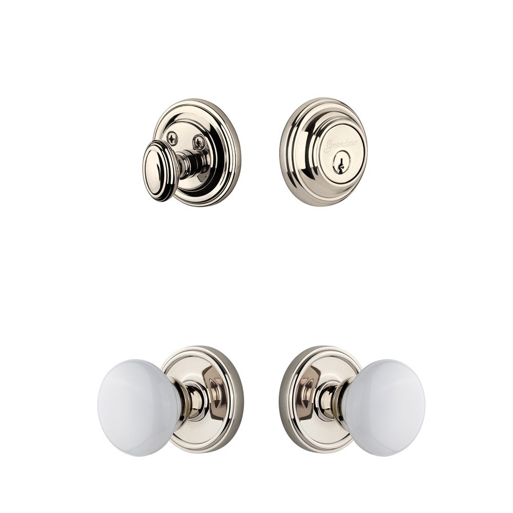 Georgetown Rosette With Hyde Park Porcelain Knob & Matching Deadbolt In Polished Nickel