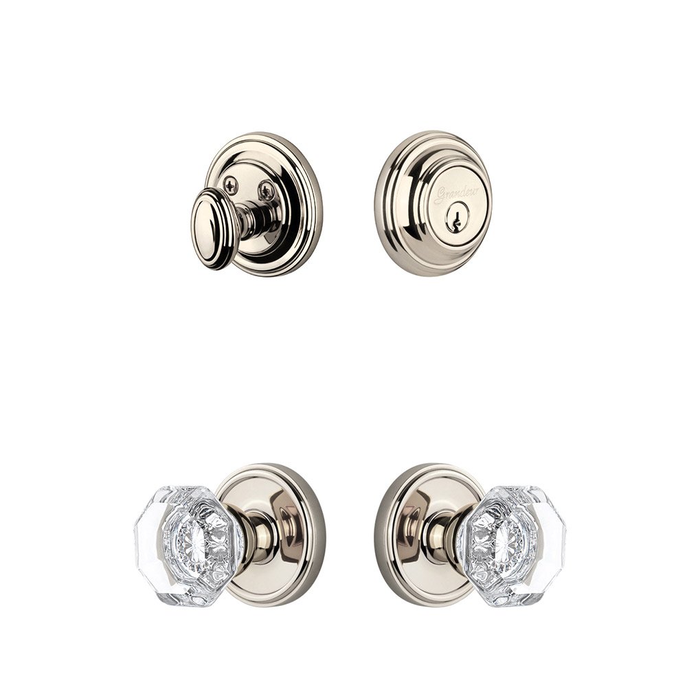 Georgetown Rosette With Chambord Crystal Knob & Matching Deadbolt In Polished Nickel
