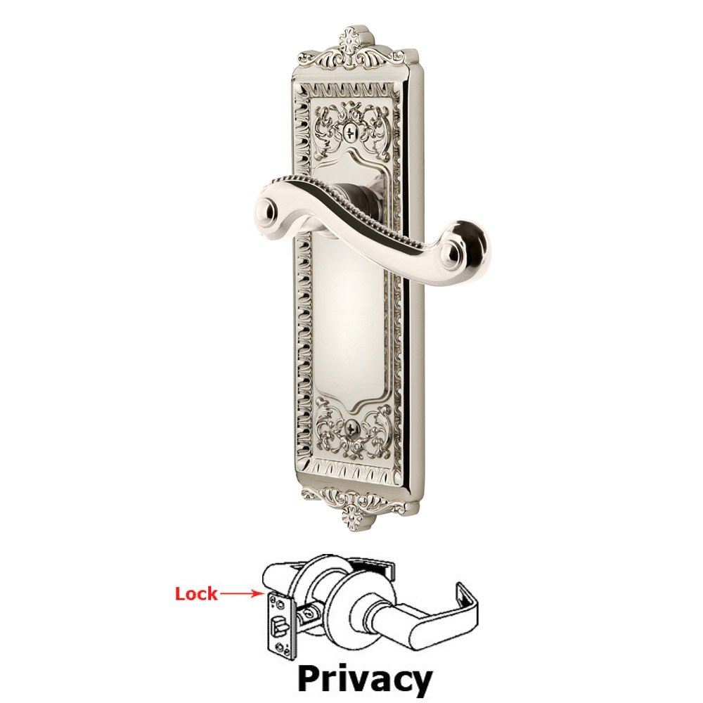 Privacy Windsor Plate with Right Handed Newport Lever in Polished Nickel