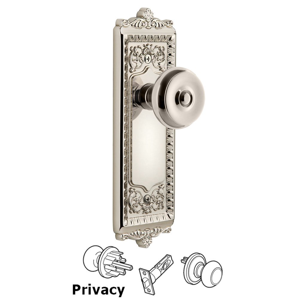Windsor Plate Privacy with Bouton Knob in Polished Nickel