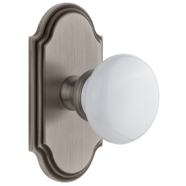 Arc Plate Double Dummy with Hyde Park White Porcelain Knob in Antique Pewter