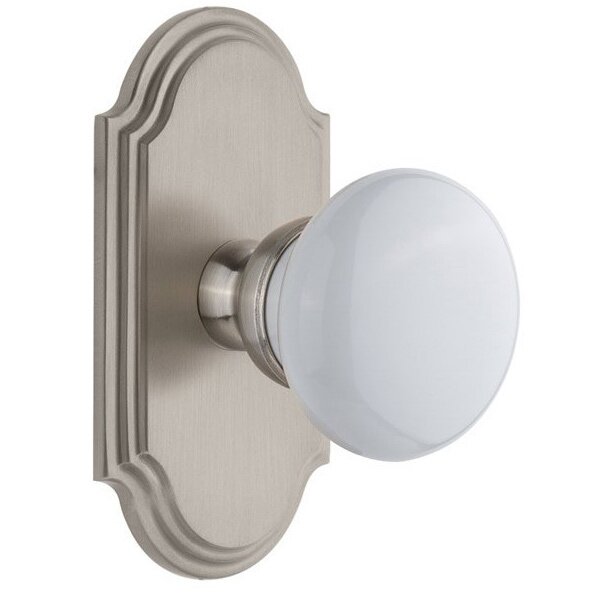Arc Plate Double Dummy with Hyde Park White Porcelain Knob in Satin Nickel