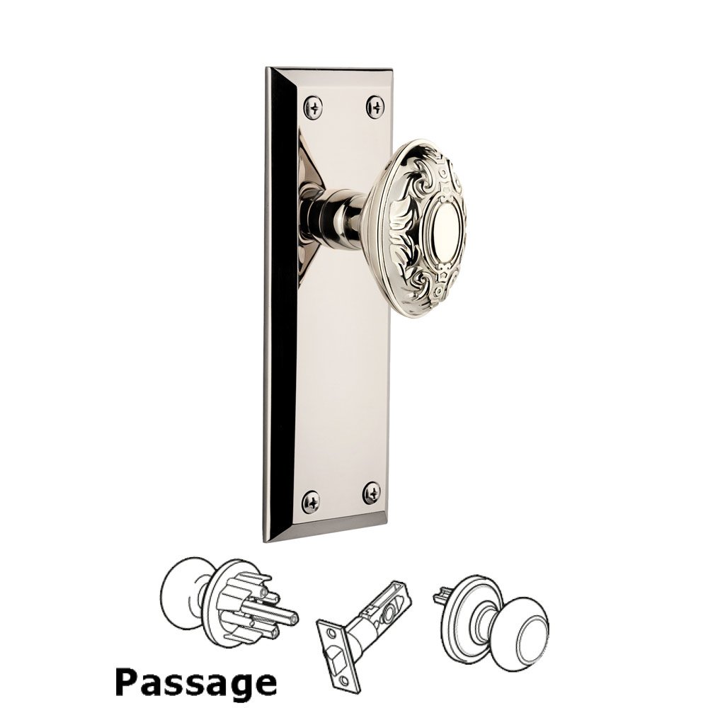 Grandeur Fifth Avenue Plate Passage with Grande Victorian Knob in Polished Nickel