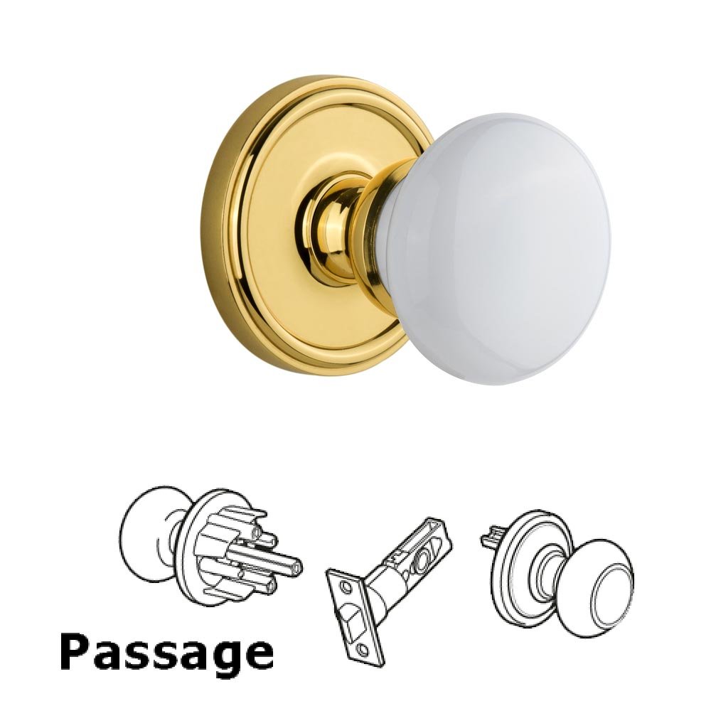 Georgetown Plate Passage with Hyde Park White Porcelain Knob in Lifetime Brass