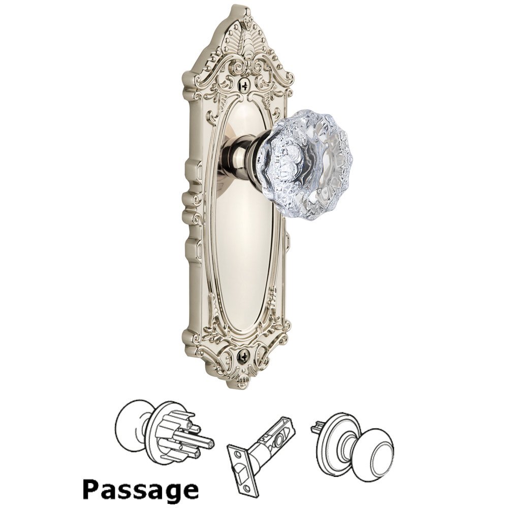 Grandeur Grande Victorian Plate Passage with Fontainebleau Knob in Polished Nickel