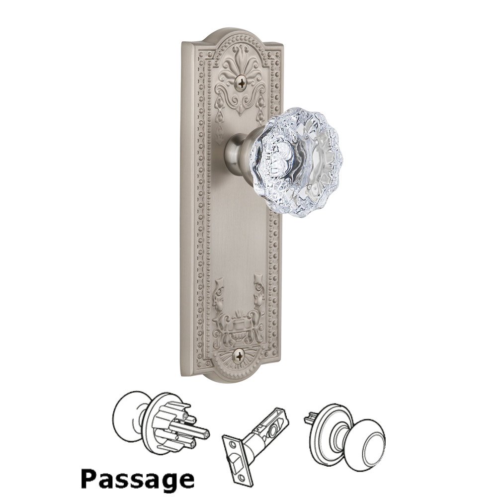 Grandeur Parthenon Plate Passage with Fontainebleau Knob in Satin Nickel