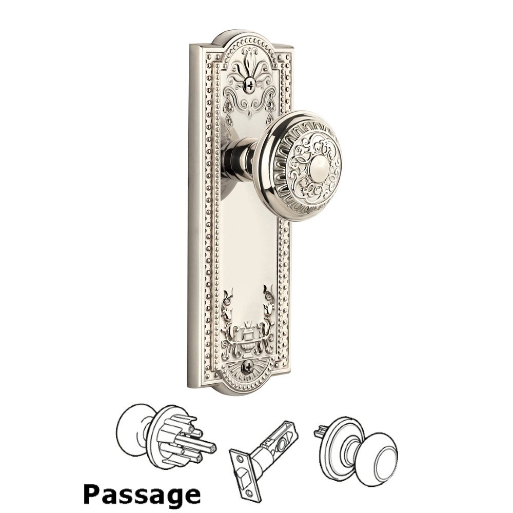 Grandeur Parthenon Plate Passage with Windsor Knob in Polished Nickel