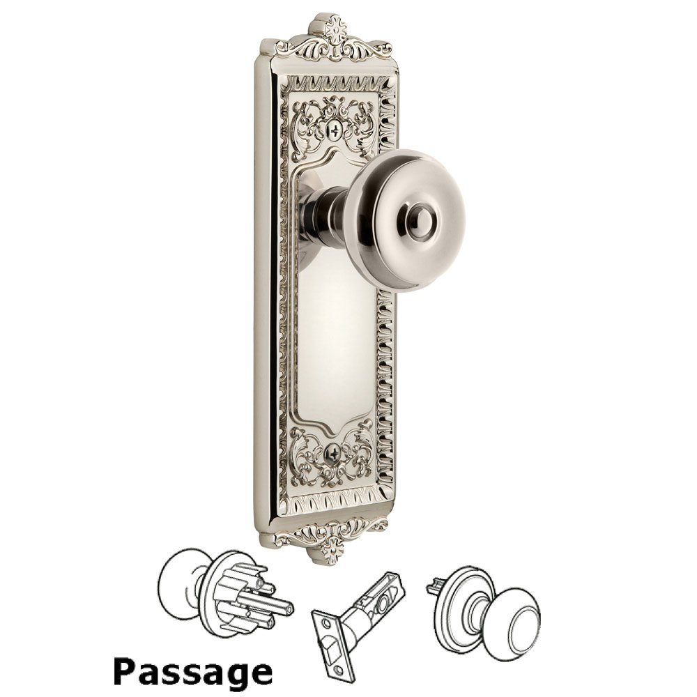 Windsor Plate Passage with Bouton Knob in Polished Nickel