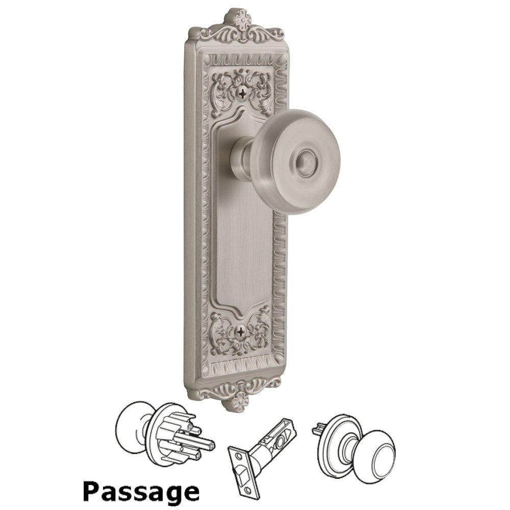 Windsor Plate Passage with Bouton Knob in Satin Nickel