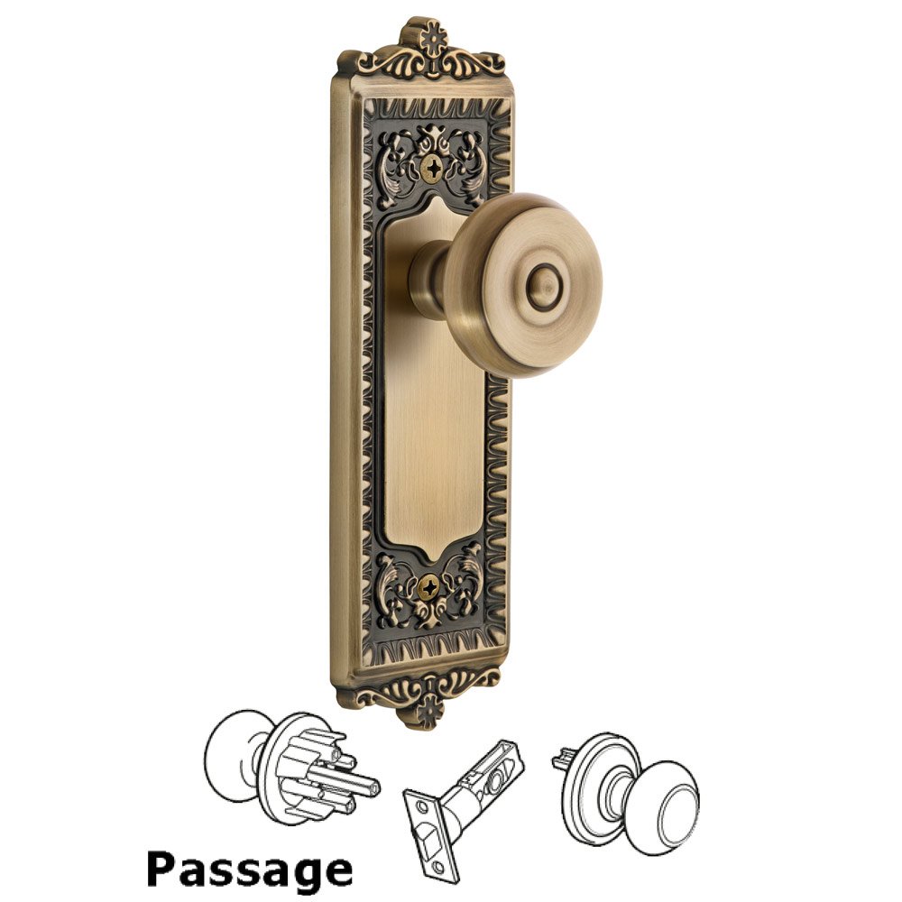 Windsor Plate Passage with Bouton Knob in Vintage Brass