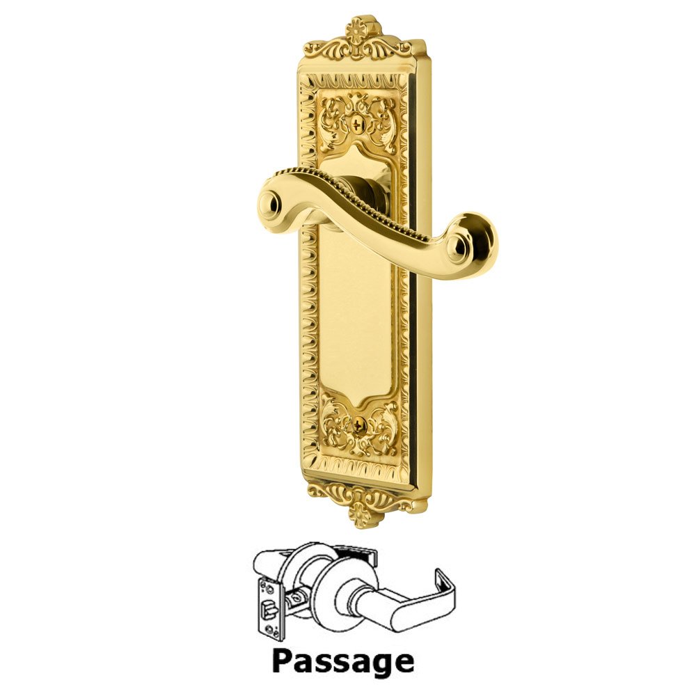 Passage Windsor Plate with Right Handed Newport Lever in Polished Brass