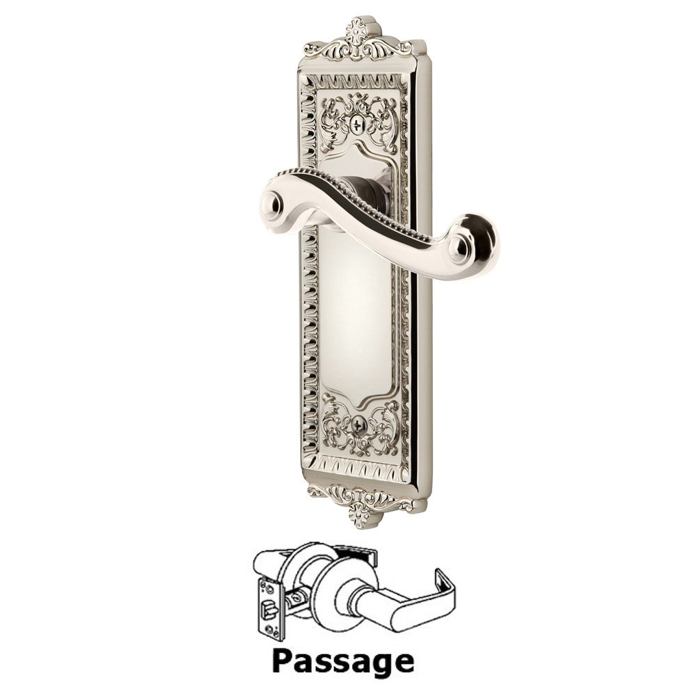 Passage Windsor Plate with Left Handed Newport Lever in Polished Nickel