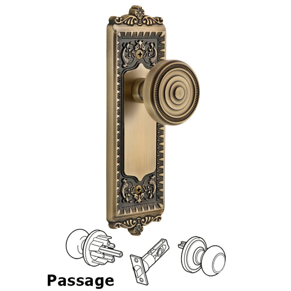 Windsor Plate Passage with Soleil Knob in Vintage Brass