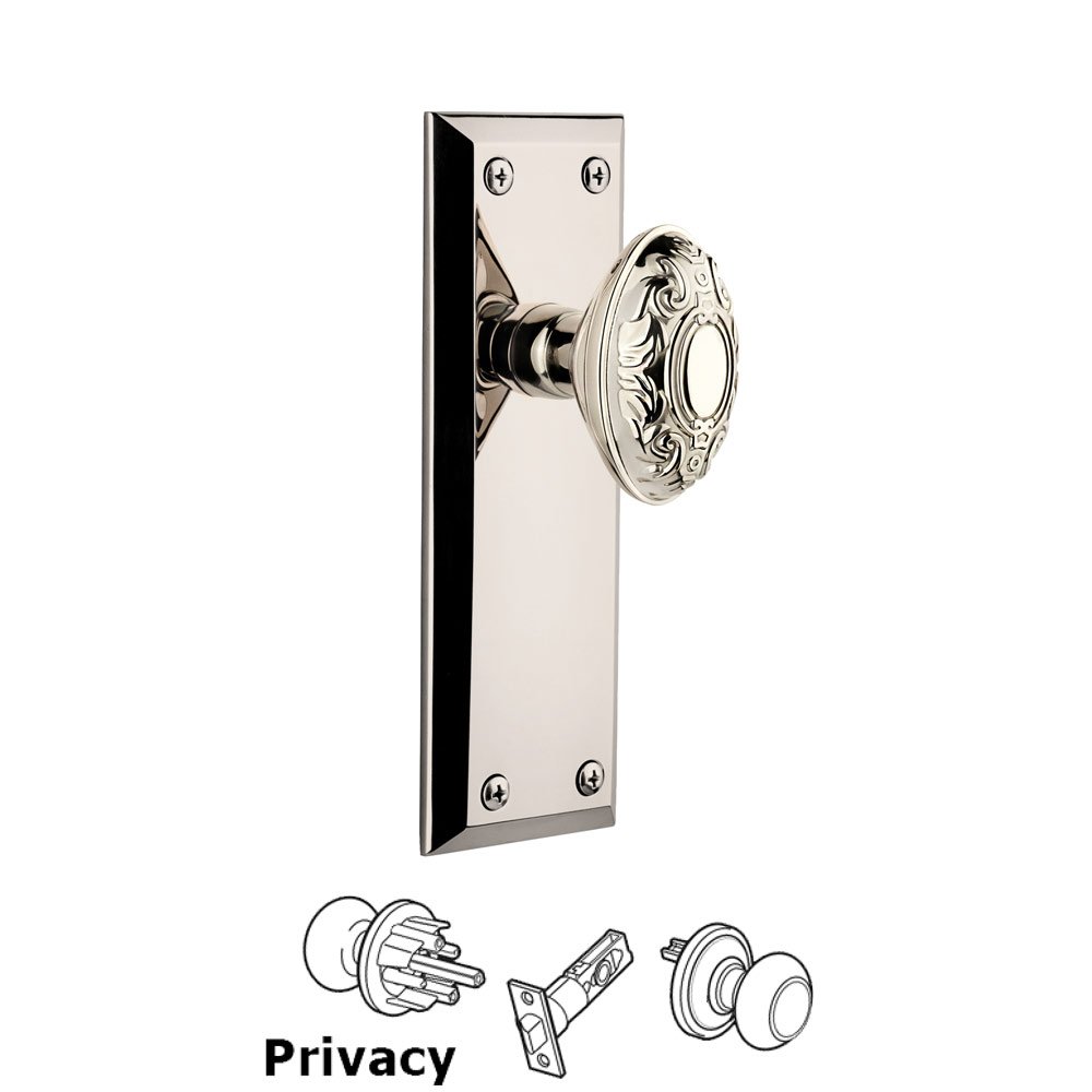 Grandeur Fifth Avenue Plate Privacy with Grande Victorian Knob in Polished Nickel