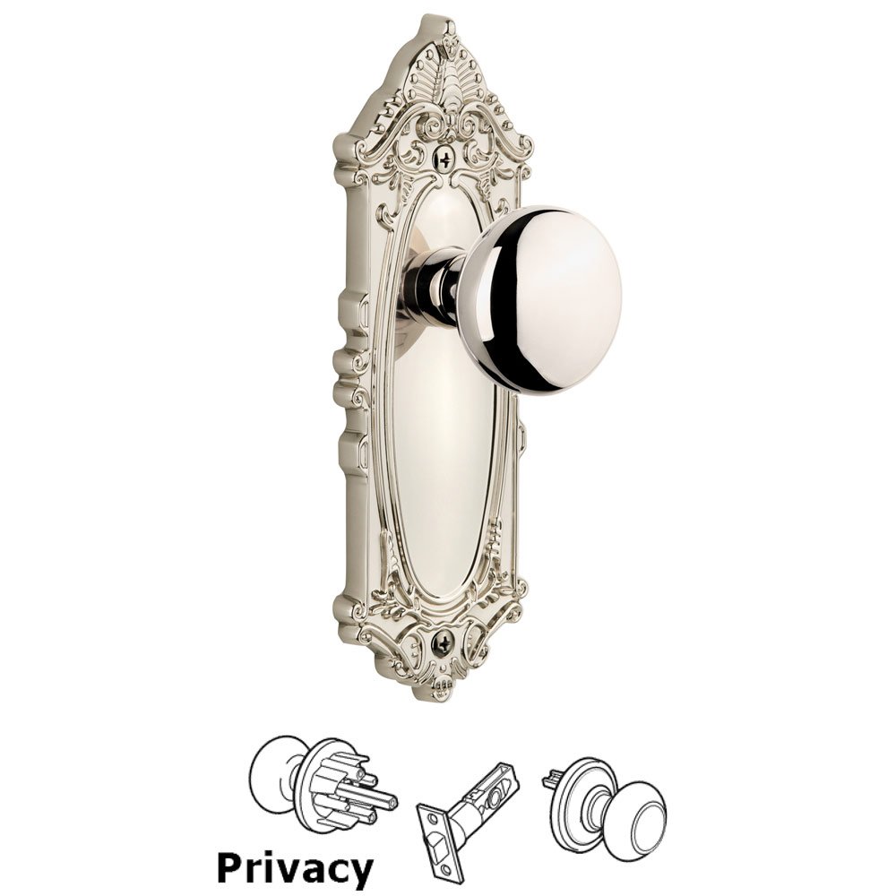 Grandeur Grande Victorian Plate Privacy with Fifth Avenue Knob in Polished Nickel