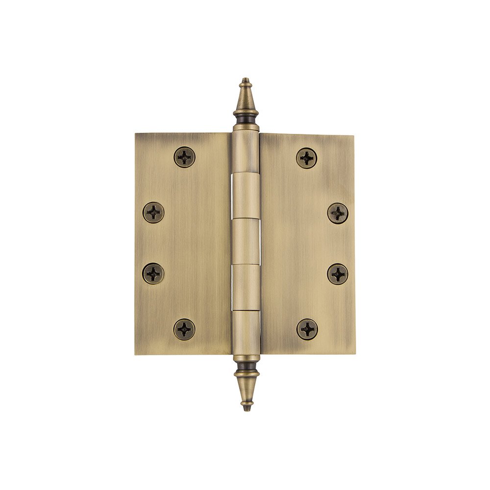 4 1/2" Steeple Tip Heavy Duty Hinge with Square Corners in Vintage Brass