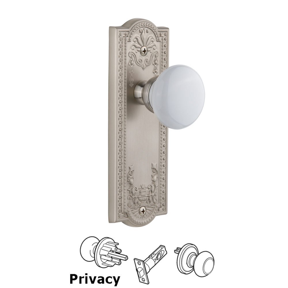 Parthenon Plate Privacy with Hyde Park White Porcelain Knob in Satin Nickel