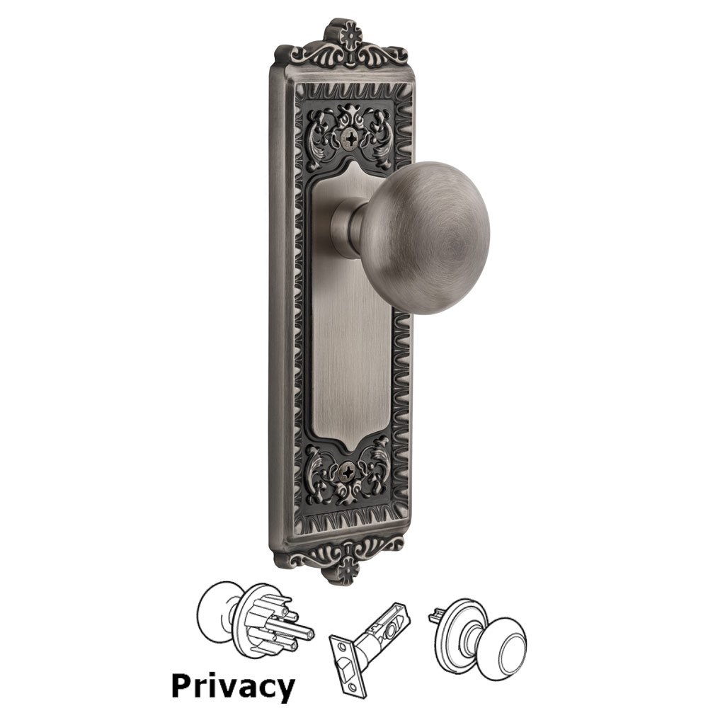 Windsor Plate Privacy with Fifth Avenue knob in Antique Pewter