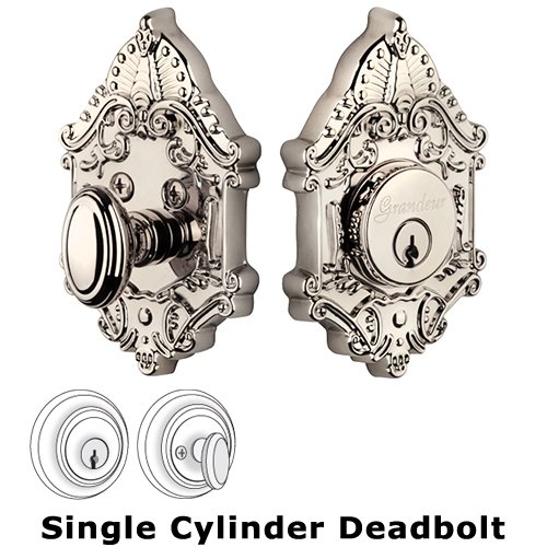 Grandeur Single Cylinder Deadbolt with Grande Victorian Plate in Polished Nickel