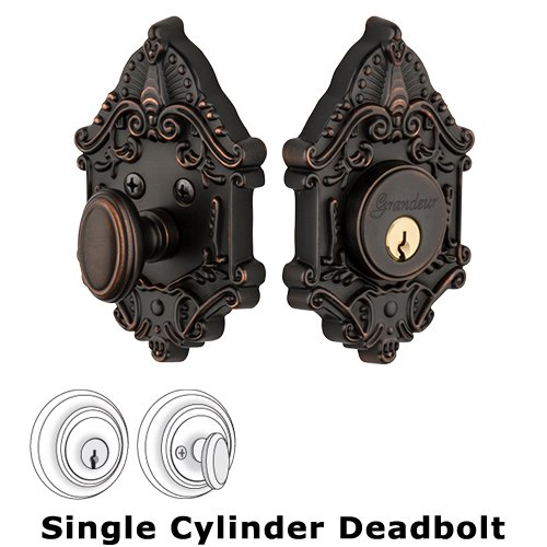 Grandeur Single Cylinder Deadbolt with Grande Victorian Plate in Timeless Bronze