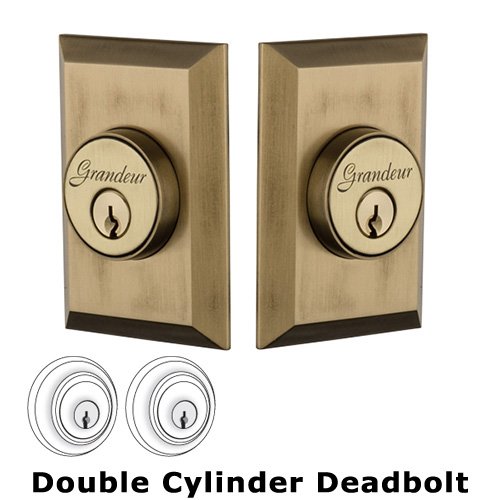Grandeur Double Cylinder Deadbolt with Fifth Avenue Plate in Vintage Brass