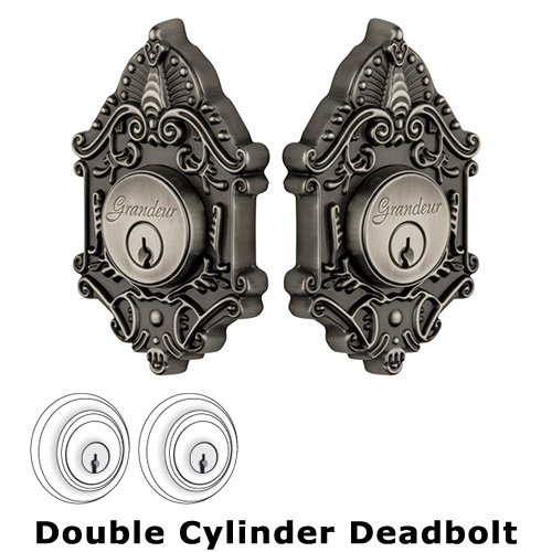 Grandeur Double Cylinder Deadbolt with Grande Victorian Plate in Antique Pewter