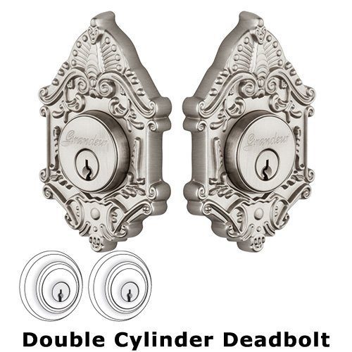 Grandeur Double Cylinder Deadbolt with Grande Victorian Plate in Satin Nickel