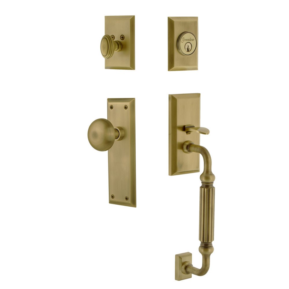 Fifth Avenue Plate F Grip Entry Set Fifth Avenue Knob in Vintage Brass