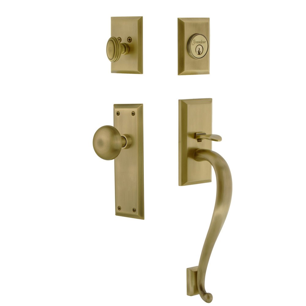 Fifth Avenue Plate S Grip Entry Set Fifth Avenue Knob in Vintage Brass