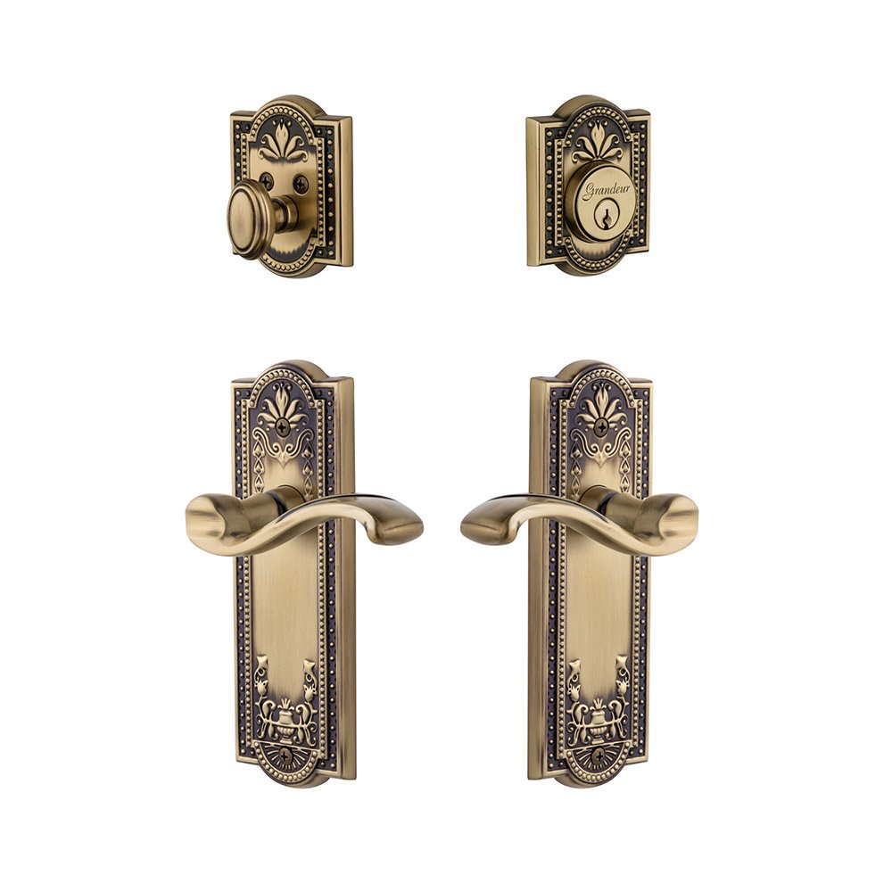 Parthenon Plate With Portfino Lever & Matching Deadbolt In Vintage Brass