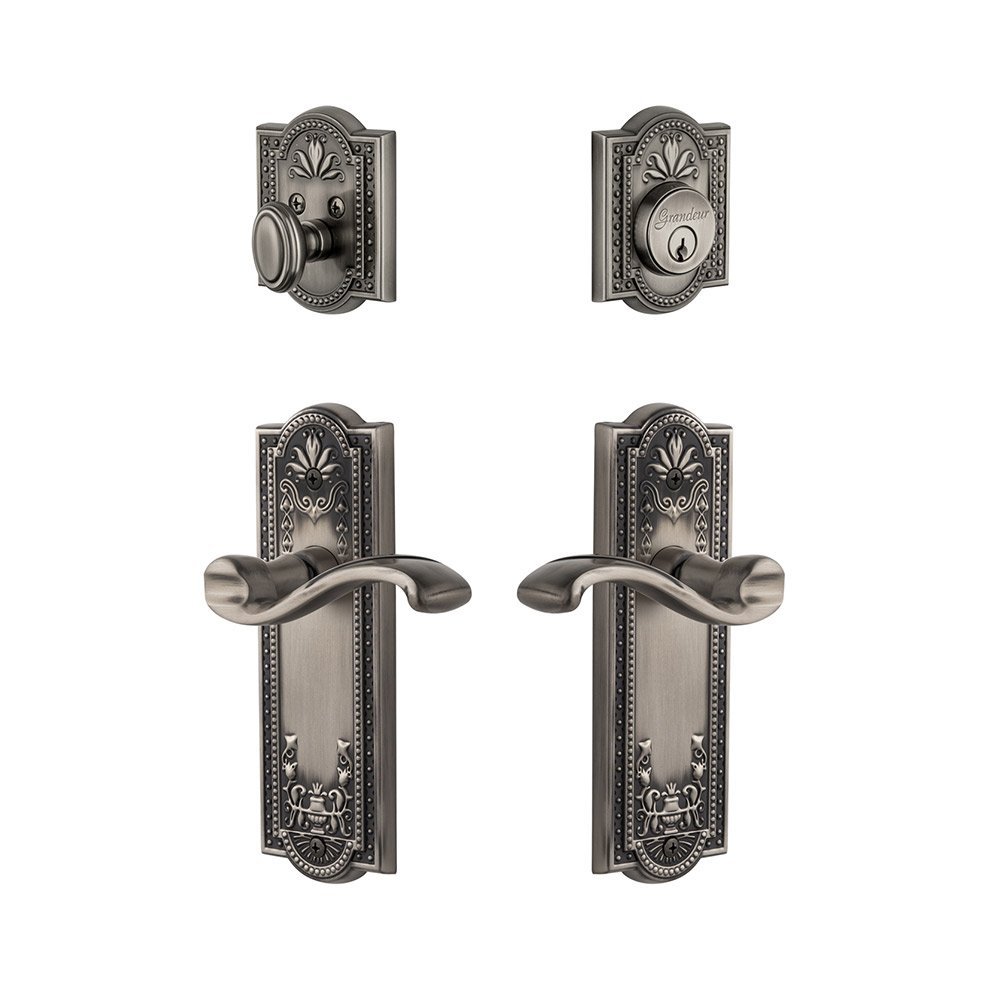 Parthenon Plate With Portfino Lever & Matching Deadbolt In Antique Pewter