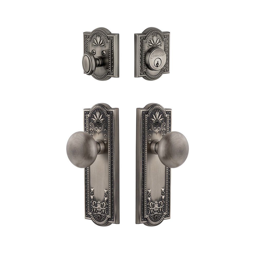 Parthenon Plate With Fifth Avenue Knob & Matching Deadbolt In Antique Pewter