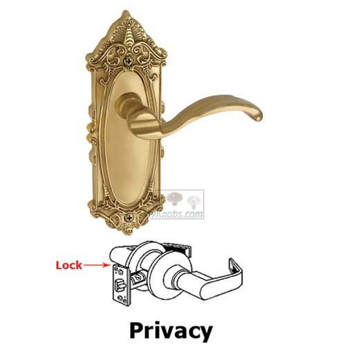 Privacy Lever - Grande Victorian Plate with Portofino Door Lever in Polished Brass