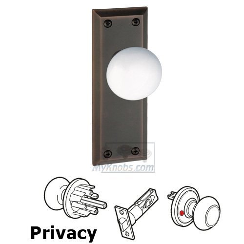 Privacy Knob - Fifth Avenue Plate with Hyde Park White Porcelain Knob in Timeless Bronze
