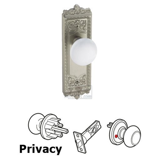 Privacy Knob - Windsor Plate with Hyde Park White Porcelain Knob in Satin Nickel
