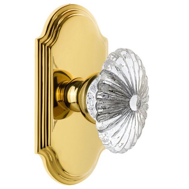 Grandeur Arc Plate Privacy with Burgundy Crystal Knob in Polished Brass