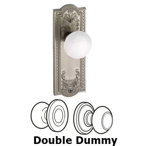 Double Dummy Knob - Parthenon Plate with Hyde Park White Porcelain Knob in Satin Nickel