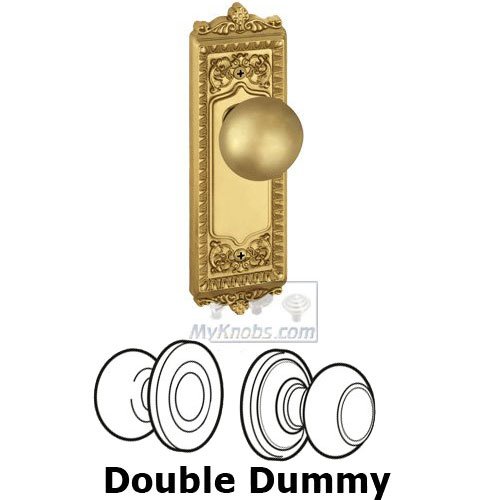 Double Dummy Knob - Windsor Plate with Fifth Avenue Door Knob in Polished Brass