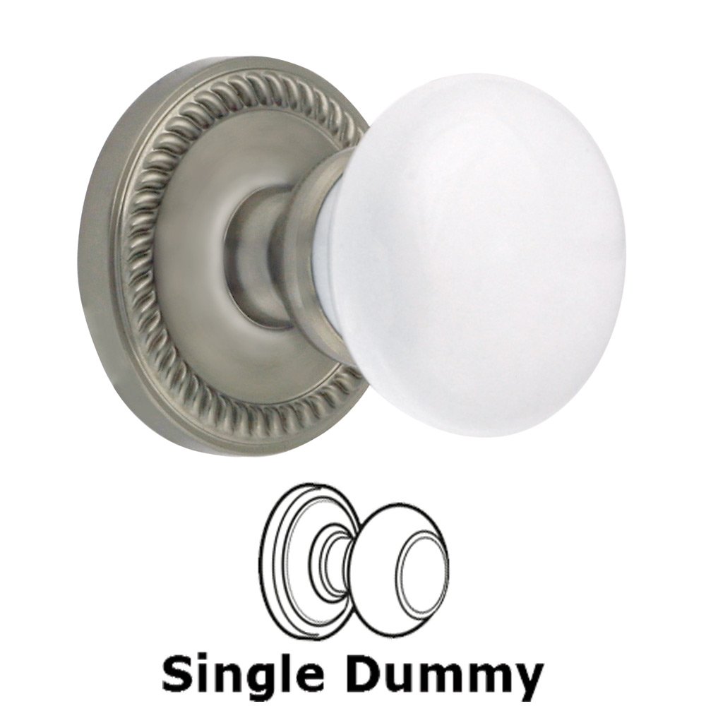 Single Dummy Knob - Newport Rosette with Hyde Park White Porcelain Knob in Satin Nickel