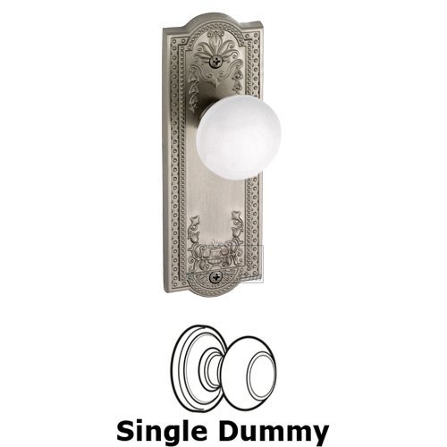 Single Dummy Knob - Parthenon Plate with Hyde Park White Porcelain Knob in Satin Nickel
