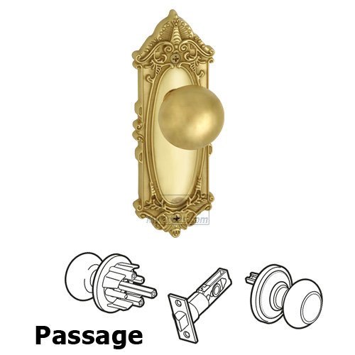Passage Knob - Grande Victorian Plate with Fifth Avenue Door Knob in Polished Brass