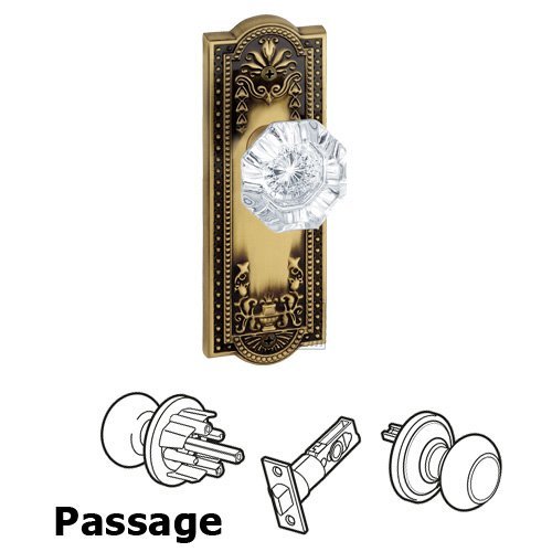 Passage Knob - Parthenon Plate with Chambord Crystal Door Knob in Vintage Brass