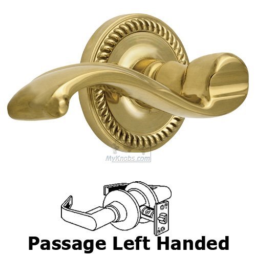 Left Handed Passage Lever - Newport Rosette with Portofino Door Lever in Polished Brass