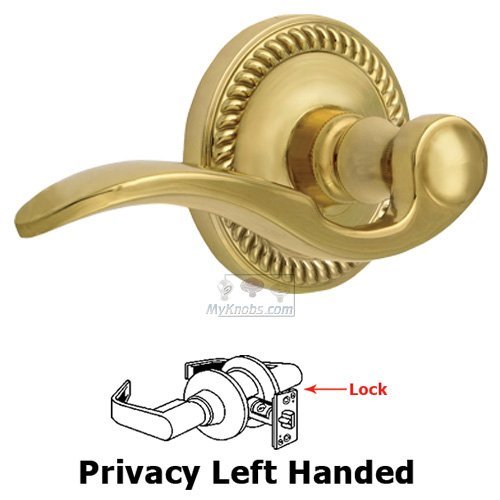 Left Handed Privacy Lever - Newport Rosette with Bellagio Door Lever in Polished Brass