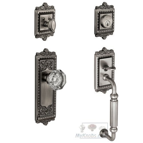 Windsor with "F" Grip and Chambord Crystal Door Knob in Antique Pewter