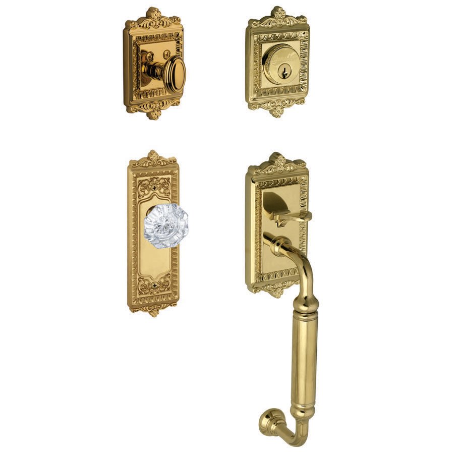 Windsor with "C" Grip and Chambord Crystal Door Knob in Lifetime Brass
