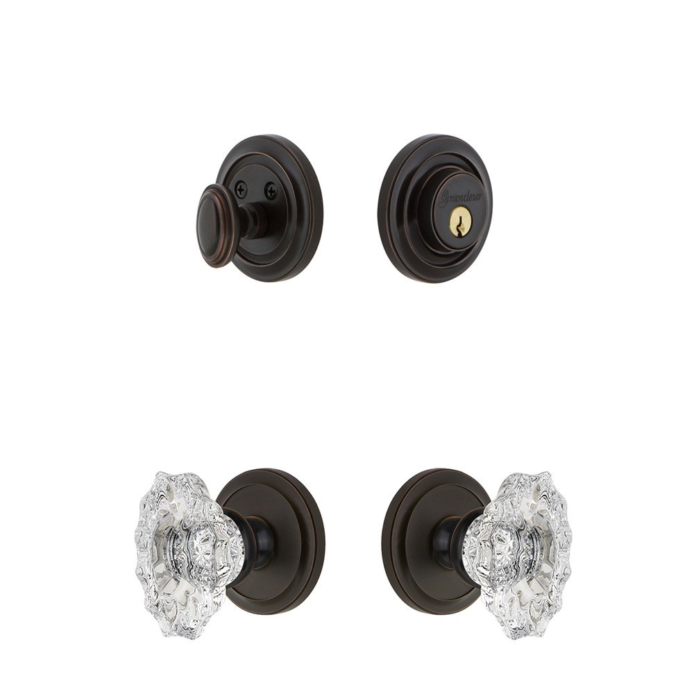 Handleset - Circulaire Rosette With Biarritz Crystal Knob & Matching Deadbolt In Timeless Bronze