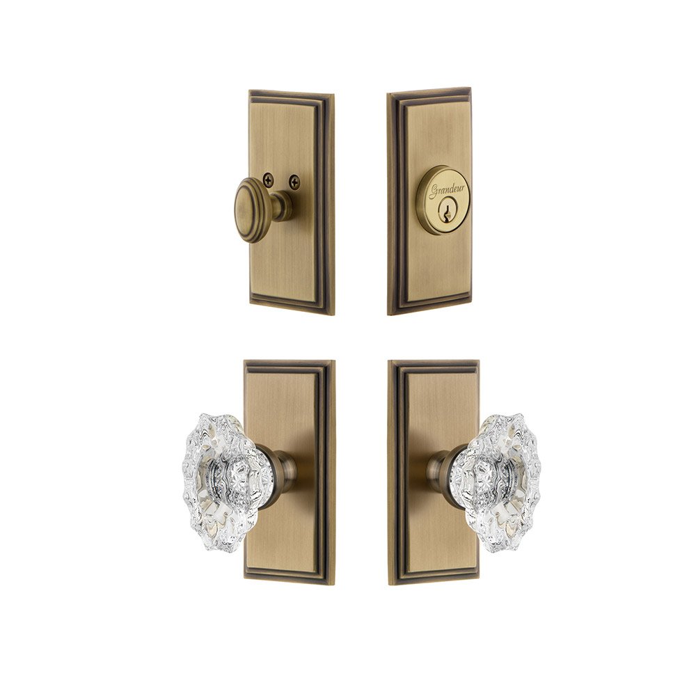 Handleset - Carre Plate With Biarritz Crystal Knob & Matching Deadbolt In Vintage Brass