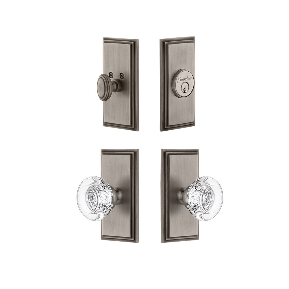 Handleset - Carre Plate With Bordeaux Crystal Knob & Matching Deadbolt In Antique Pewter