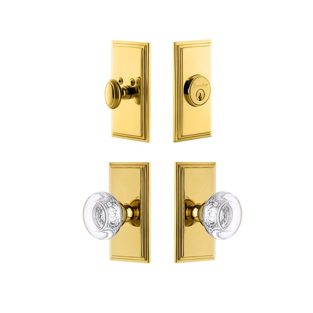 Handleset - Carre Plate With Bordeaux Crystal Knob & Matching Deadbolt In Lifetime Brass